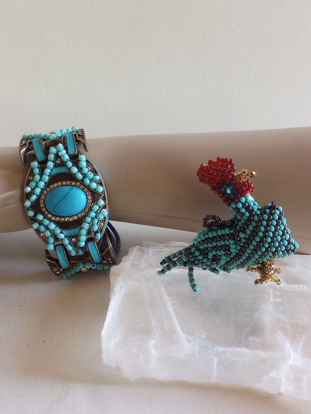 Turquoise Color Beaded Bracelet and Bird Pin Set Hand crafted
